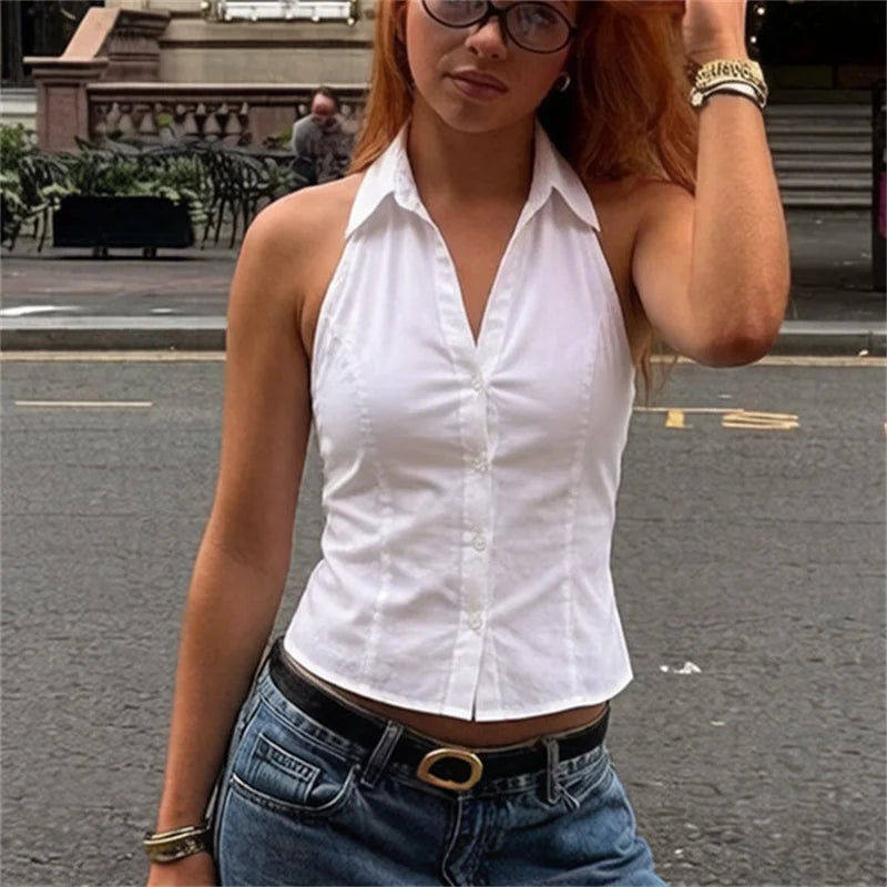 Women's white halter-top made of lightweight material, perfect for summer outings
