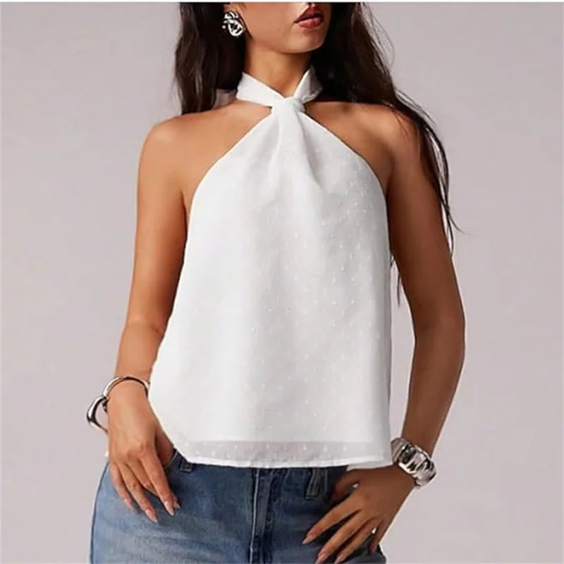 Women's white halter-top blouse, lightweight fabric for casual wear