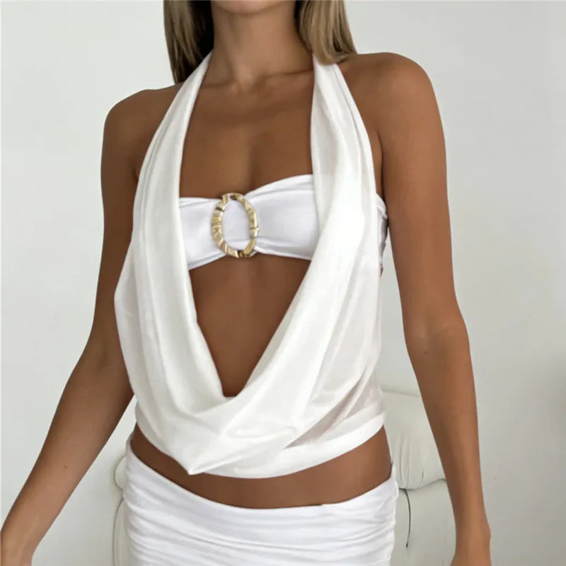Women's white halter-top with elegant design for summer outings
