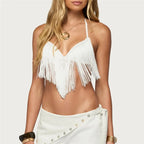 Women's white halter-top with fringe details, perfect for summer outings