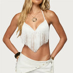Women's white halter-top with fringe detailing perfect for beachwear