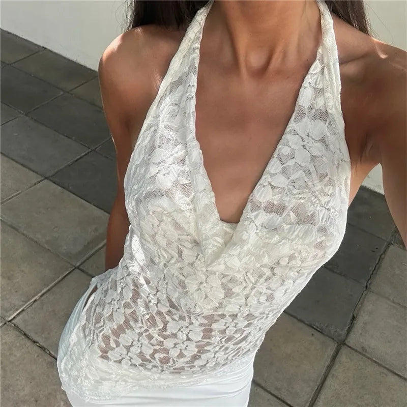 Women's white lace halter-top for stylish summer outings