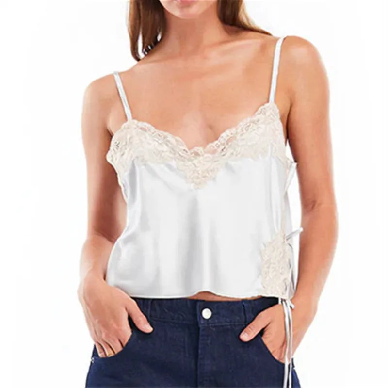 Women's white satin halter-top with lace details, perfect for casual outings