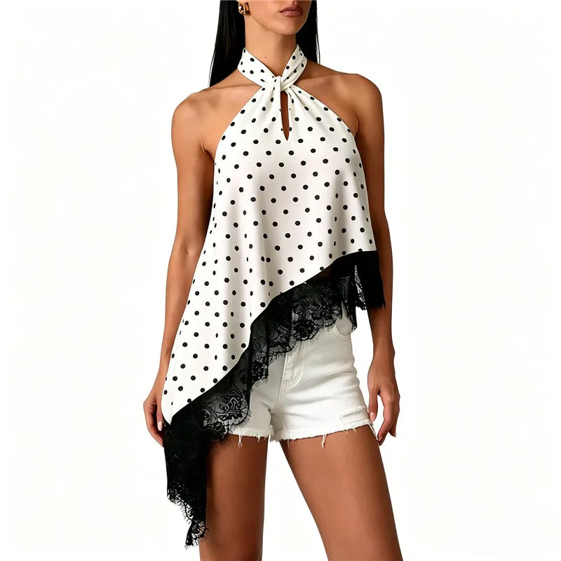 Women's halter-top with polka dots and lace trim, perfect for summer outings