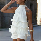White halter-top with ruffled design, perfect for summer outings