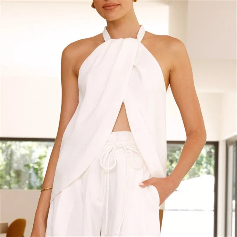 Women's white halter-top shirt, lightweight fabric, perfect for summer outings