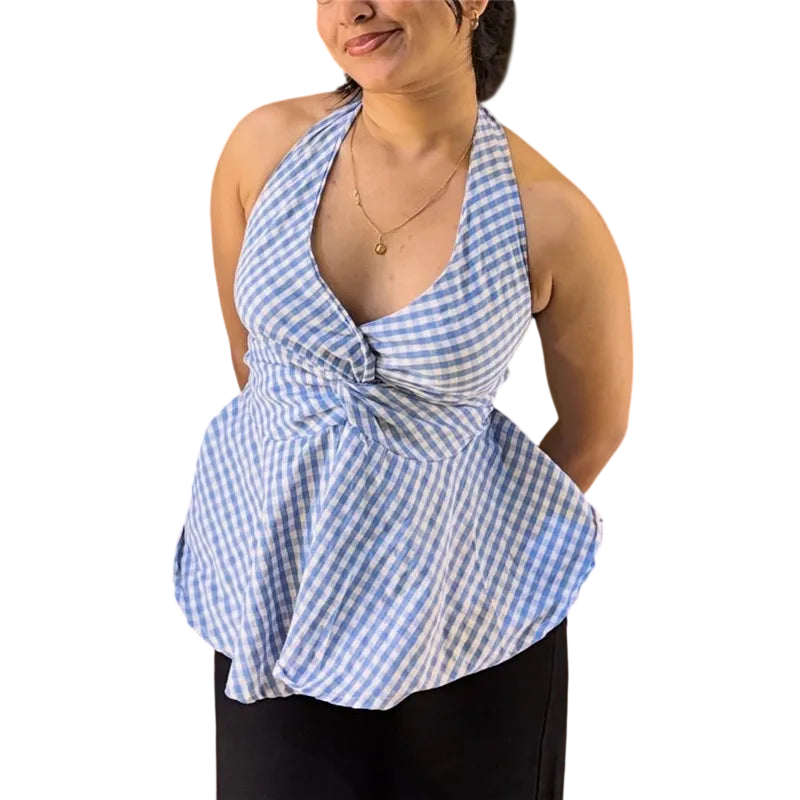 Women's Halter-Top Gingham Vacation Blouse