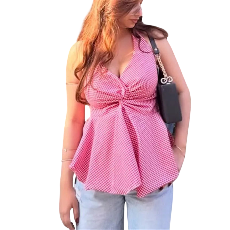 Women's Halter-Top Gingham Vacation Blouse