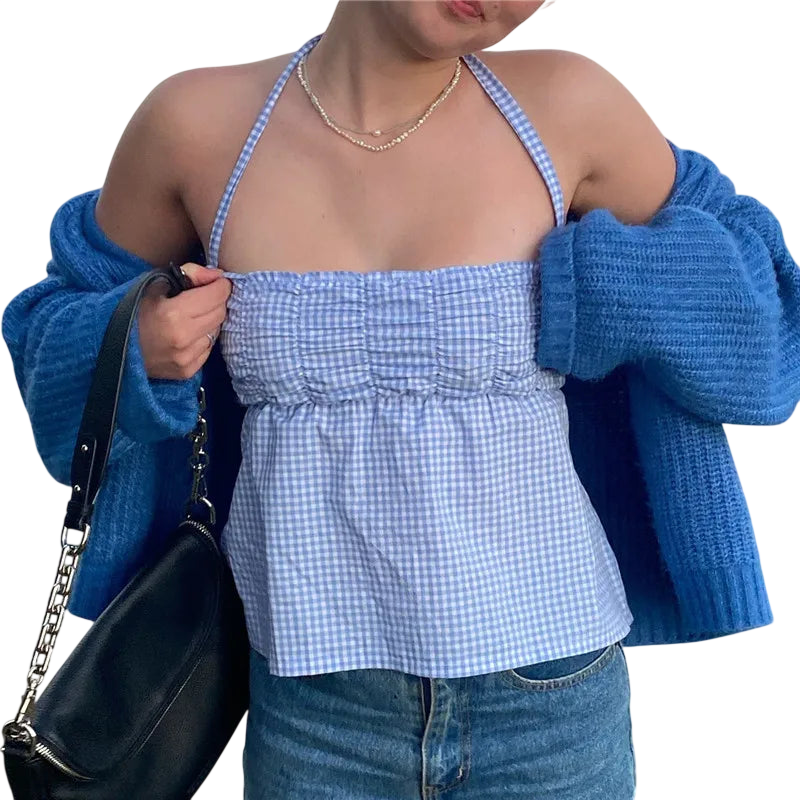 Chic Blue Gingham Halter-Top for Women