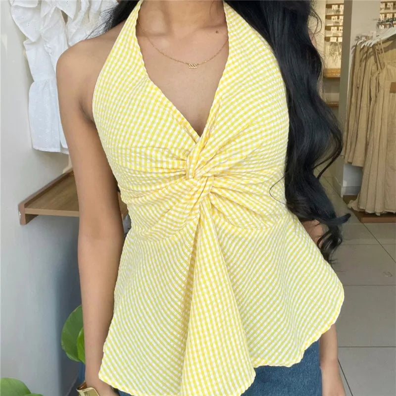 Yellow gingham halter-top, lightweight cotton, perfect for summer outings