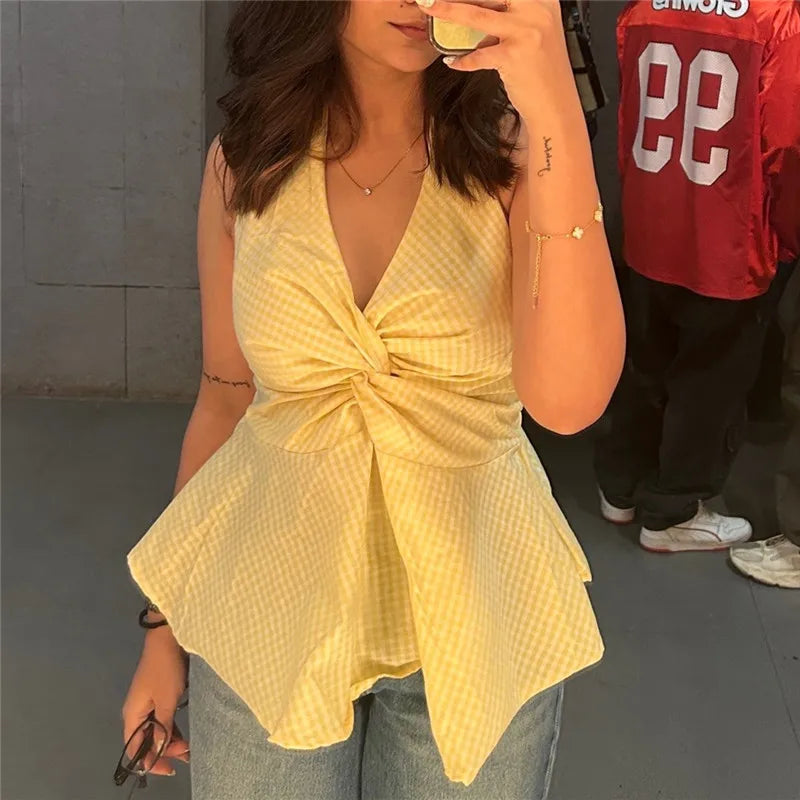 Women's yellow gingham halter-top for casual summer outings