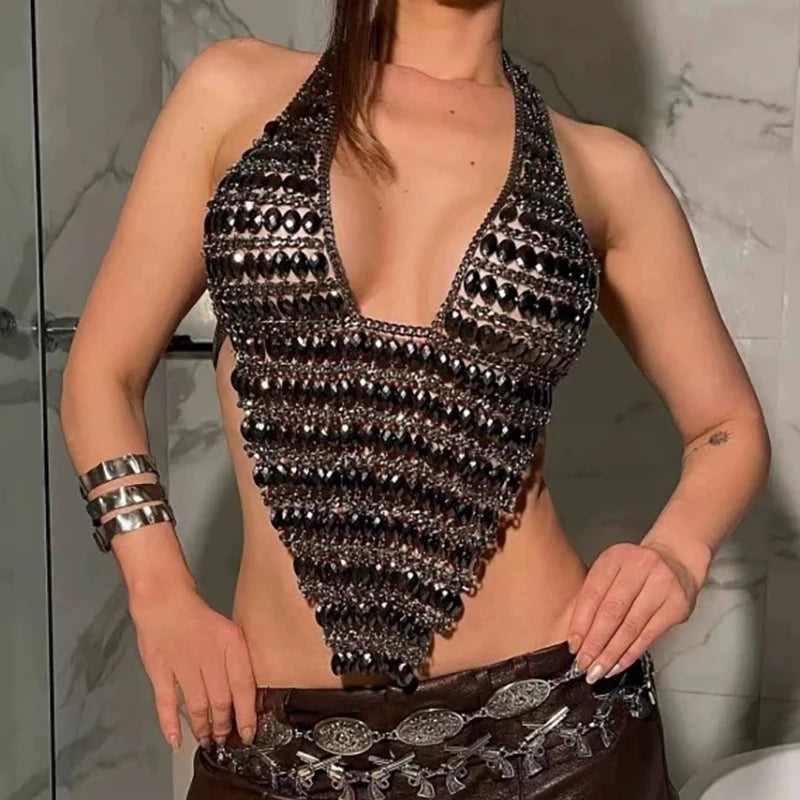 Black halter tops with unique beaded design for stylish summer wear