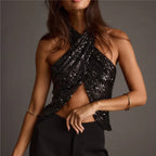 Black sequined halter tops for women, perfect for evening events