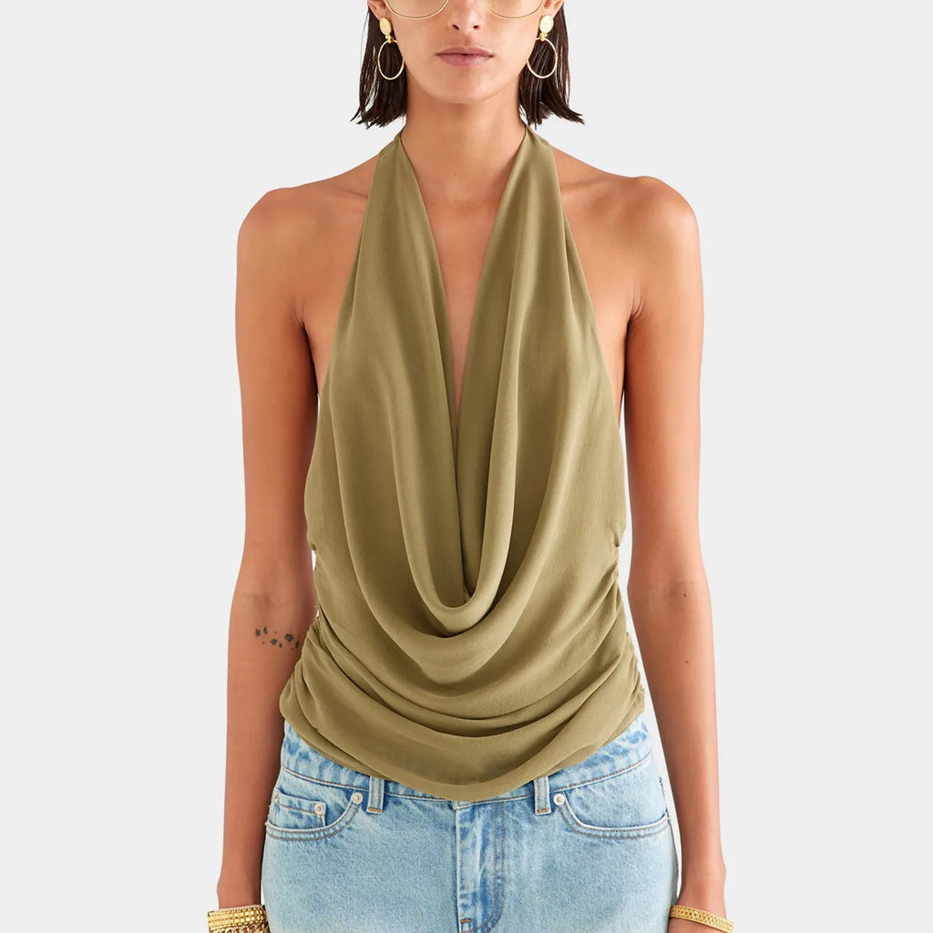 Olive green halter top made of soft fabric, perfect for summer outings