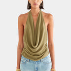 Olive green halter top made of soft fabric, perfect for summer outings