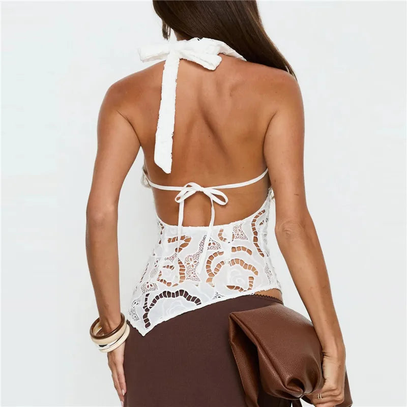 Women's white lace halter top, perfect for summer outings