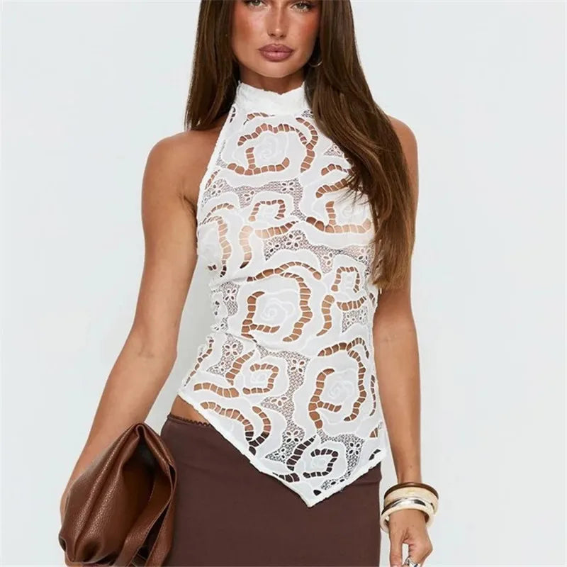 Women's white lace halter tops, stylish for summer outings