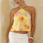 Women's yellow floral halter tops, lightweight for summer outings