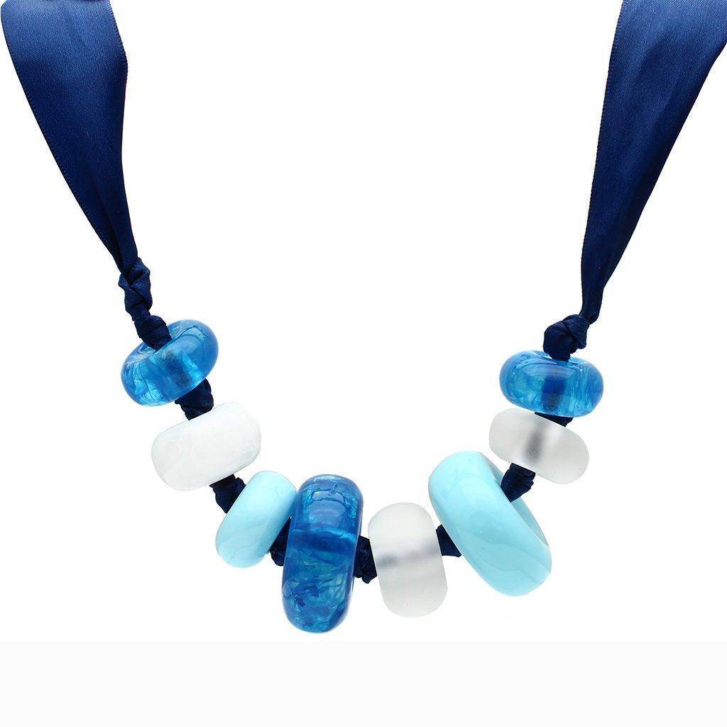 Handmade blue beaded necklace featuring artisan glass beads and adjustable satin ribbon