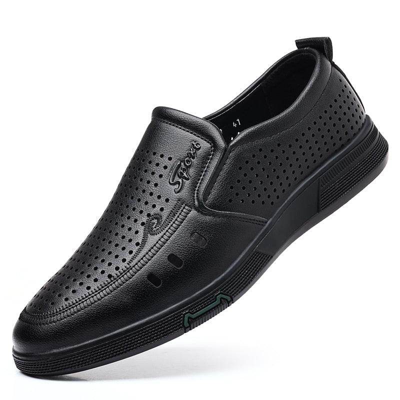 VacationGrabs handmade casual slide on shoes in sleek black with breathable perforations