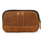Brown leather hands-free belt pouch with zip closure and front snap buttons for convenient storage