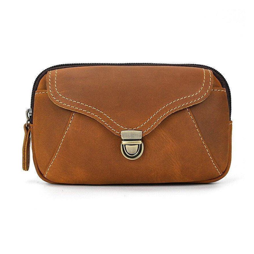 VacationGrabs hands-free belt pouch in brown leather with zip closure and stylish design for everyday use