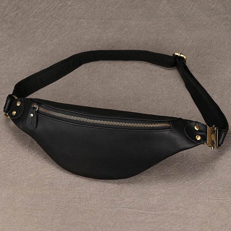 Sleek black hands-free leather fanny pack with zipper closure for convenient travel storage