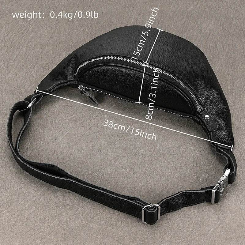 Hands-free leather fanny pack in black with adjustable strap and zipper closure for convenience