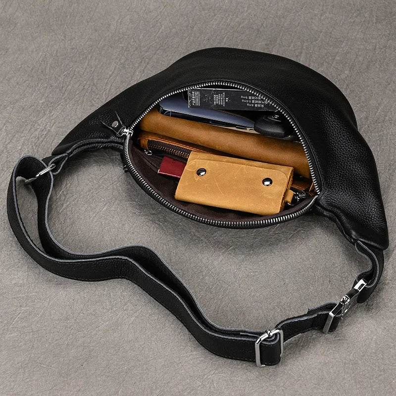 Hands-free leather fanny pack by VacationGrabs with spacious interior for essentials