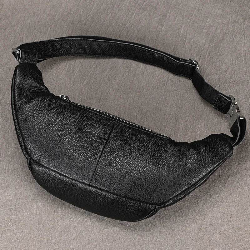 Hands-free leather fanny pack in sleek black design perfect for travel and everyday use