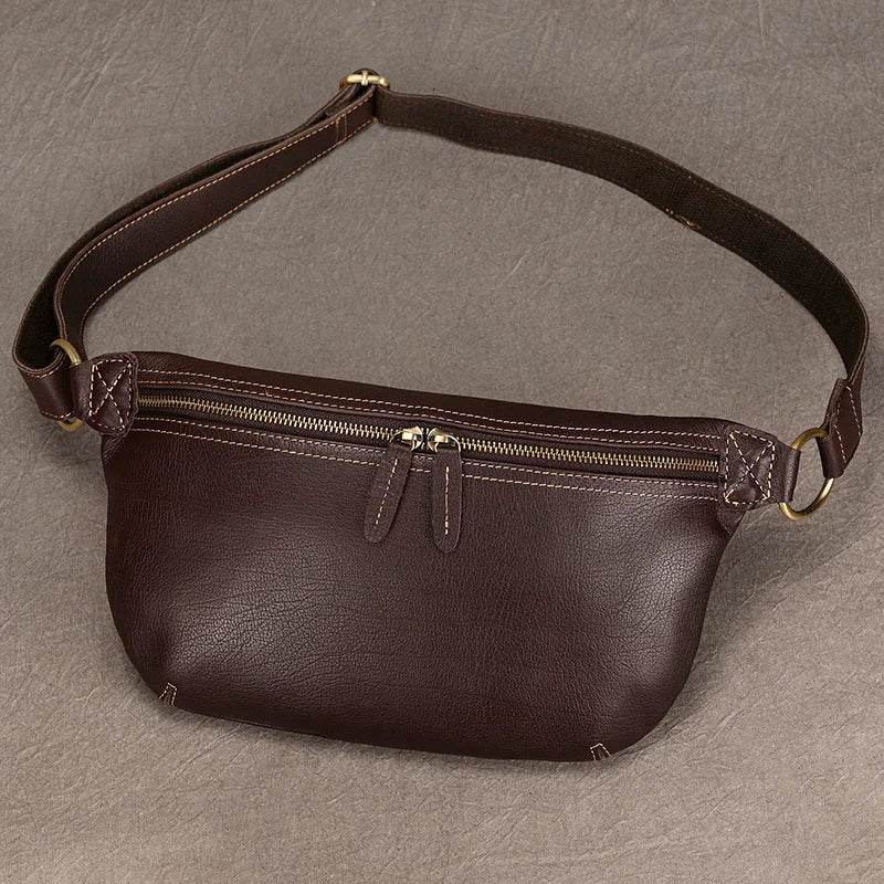 Brown hands-free leather fanny pack with zipper pockets for convenient storage and style