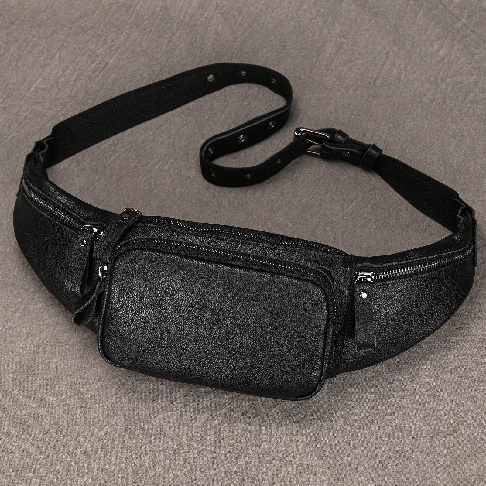 Stylish hands-free leather fanny pack with multiple zippered compartments for convenient storage