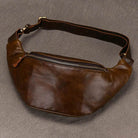 Hands-free leather fanny pack in brown, featuring a sleek design and adjustable strap for convenience