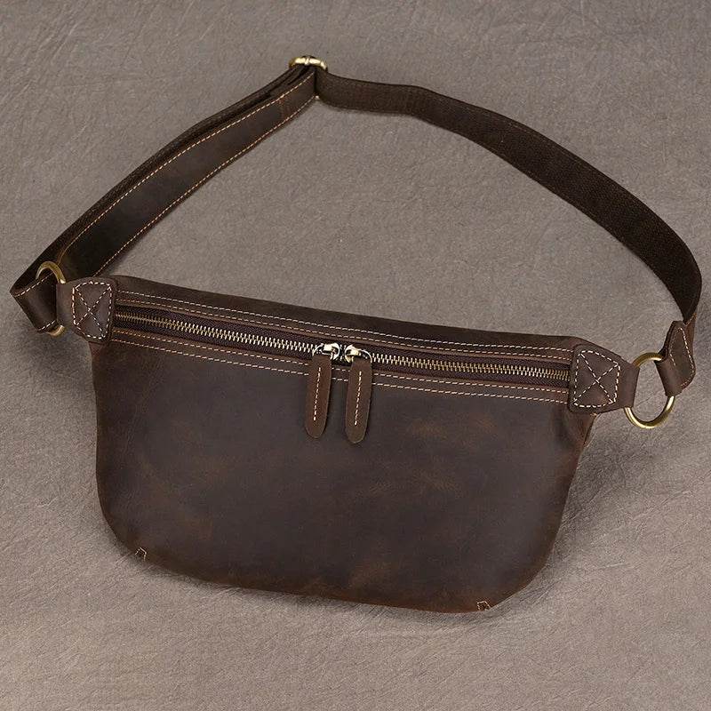 Hands-free leather fanny pack from VacationGrabs with sleek design and dual zippered compartments