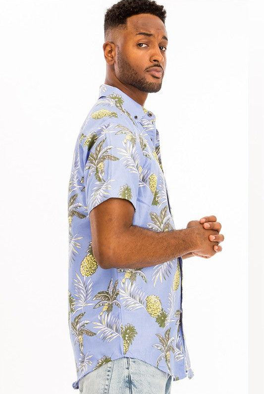 Men's Shirts Hawaiian Light Blue Print Button Down Shirt