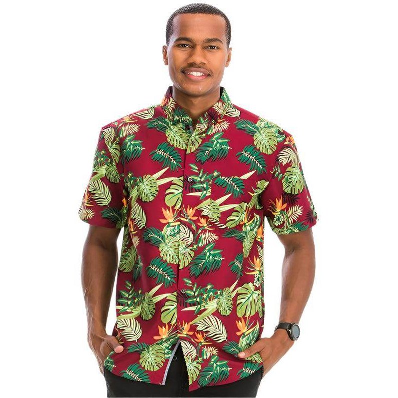 Men's WEIV Hawaiian shirt, red with tropical print, perfect for summer outings
