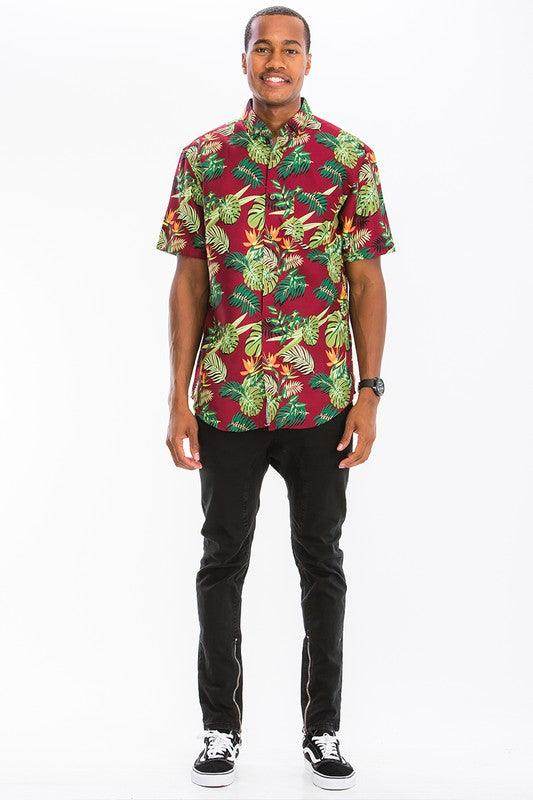 Men's WEIV Hawaiian shirt, red and green floral print, casual summer wear