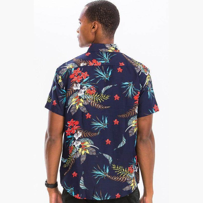 Men's WEIV Hawaiian shirt, navy blue with floral print, perfect for summer outings