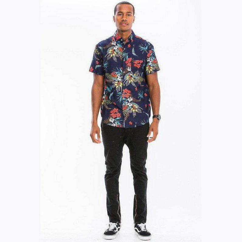 Men's navy Hawaiian shirt with vibrant floral print, perfect for casual outings
