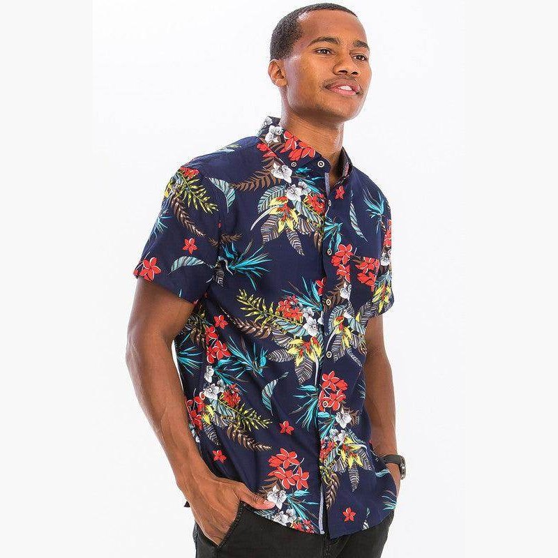 Men's WEIV Hawaiian shirts in navy with vibrant floral pattern