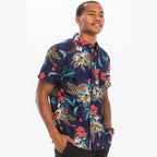 Men's WEIV Hawaiian shirts in navy with vibrant floral pattern
