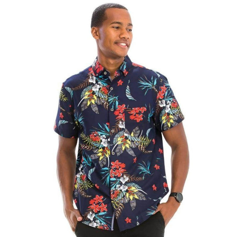 Men's navy Hawaiian shirts with vibrant floral print for casual outings