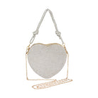 Silver heart shaped evening purse with a chain strap, perfect for elegant occasions or nights out