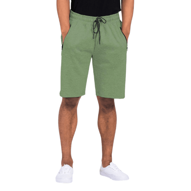 Heathered mens shorts in green with side pockets and adjustable drawstring for comfort