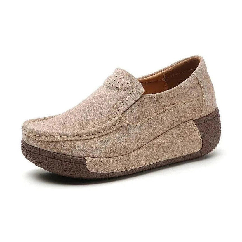 Women's beige platform flats made of soft suede for casual wear