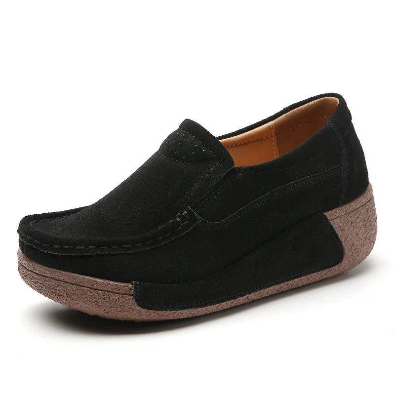 women's black flats with platform design, comfortable casual wear