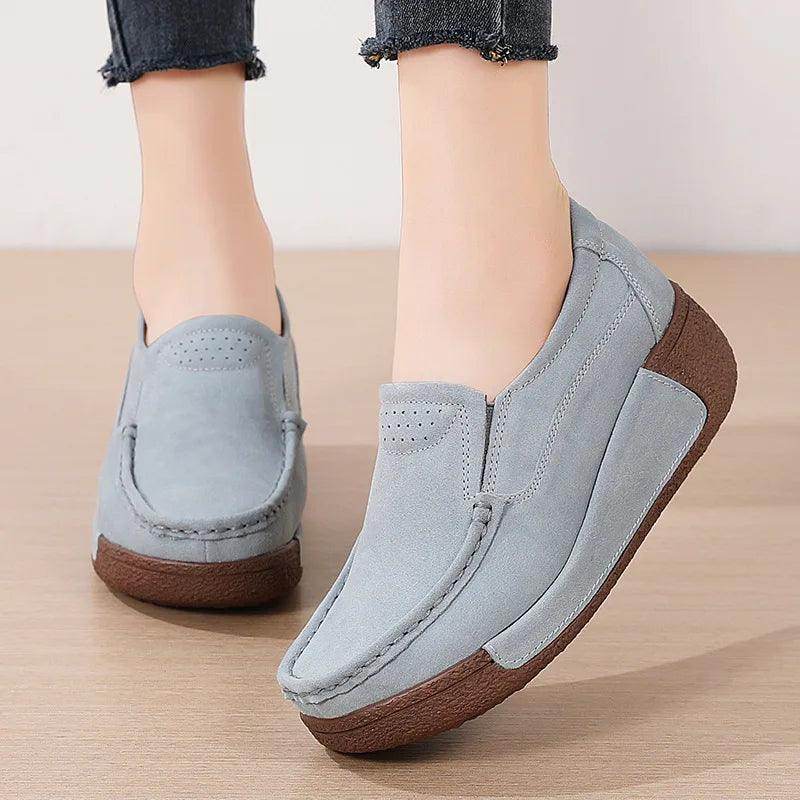 Women's blue suede flats, casual wear with platform heels shoes platform