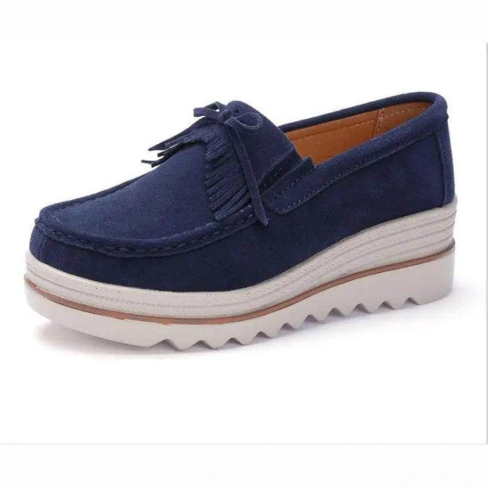 Women's navy platform flats with fringe detail, casual wear