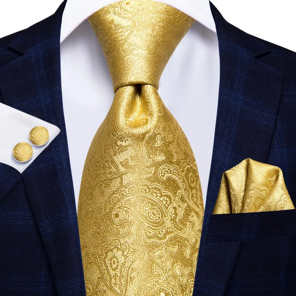 Men's gold paisley tie, formal events, elegant style, blue tie collection