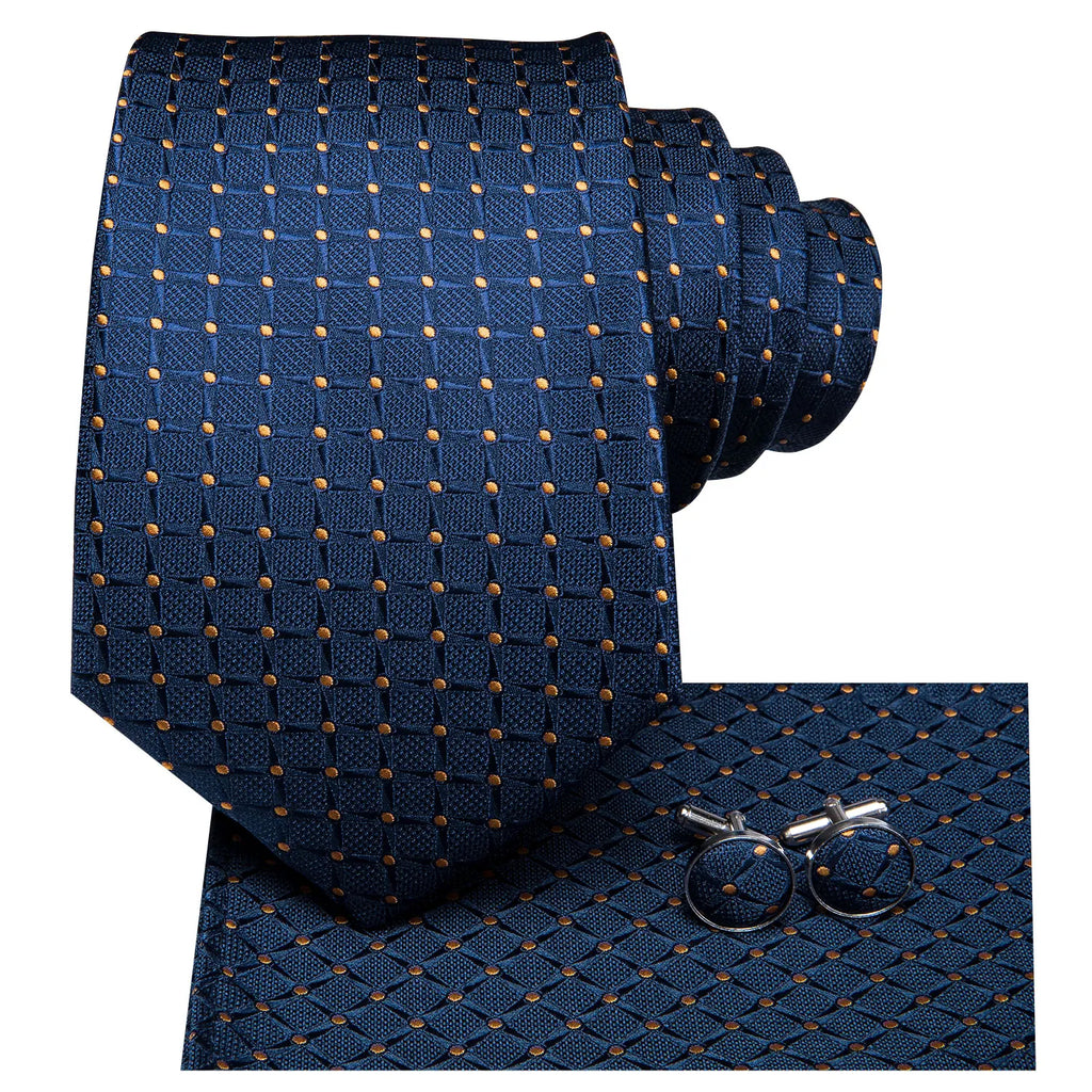 Men's blue tie collection with patterned design and matching cufflinks